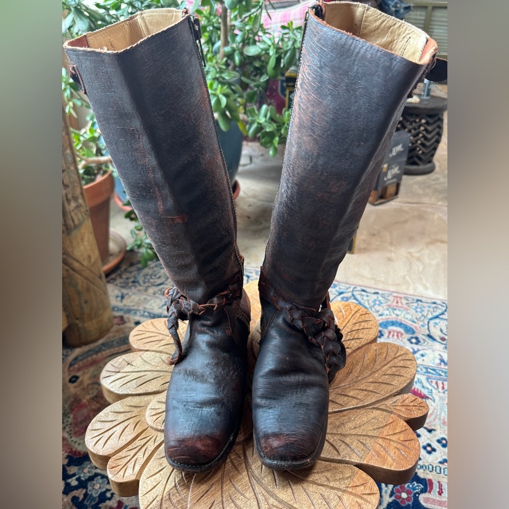 Bed Stu vintage weathered Cobbler Series braided leather hand crafted tall boots